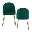 Design Lot de 2 chaises de salle à manger rembourrées en velours vert, chaise de cuisine en tissu avec pieds dorés, chaise coque scandinave