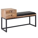 Banc en cuir de chèvre / banc en bois massif 100x60x35 cm de style rétro, banc de couloir rembourré en métal avec espace de rangement