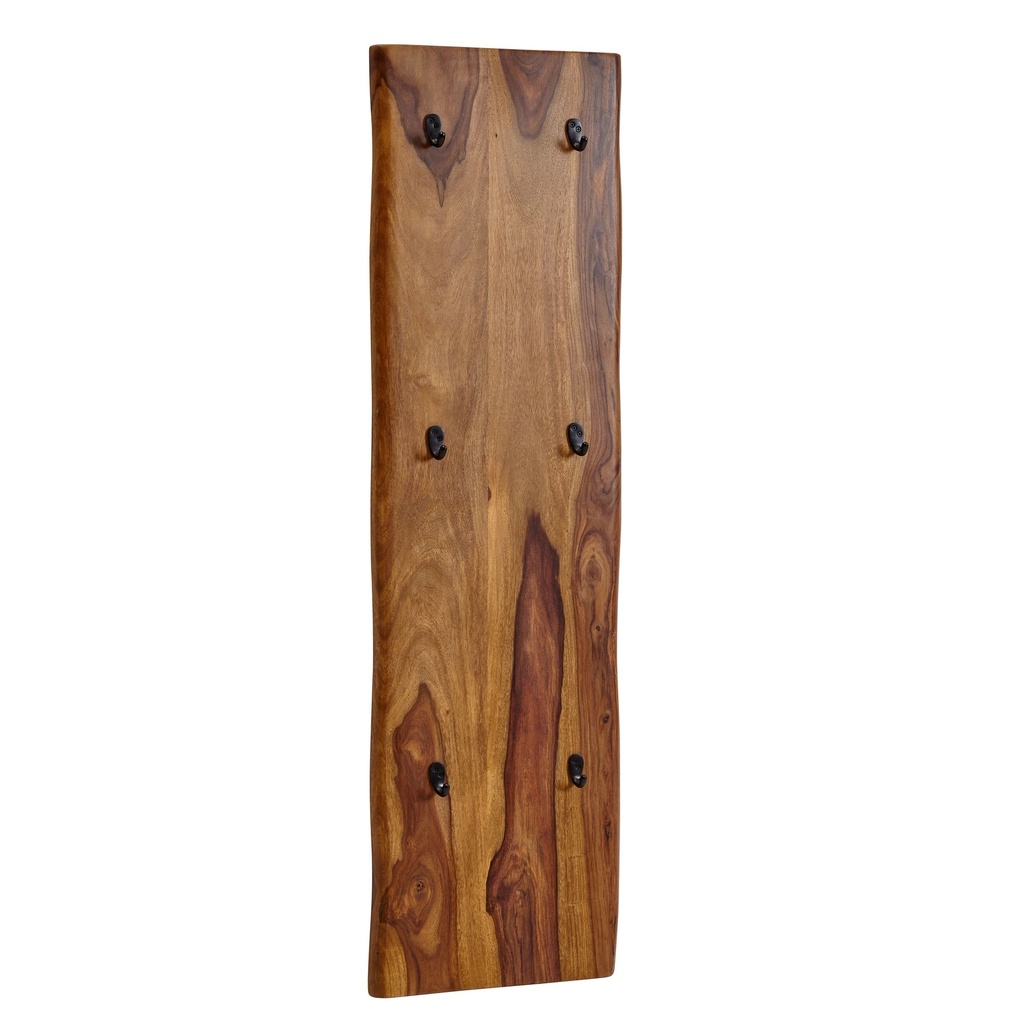 Porte-manteau mural Sheesham bois massif / métal 40x140x7 cm avec bord d'arbre, porte-manteau design porte-manteau de couloir à 2 rangées mur, porte-manteau bois