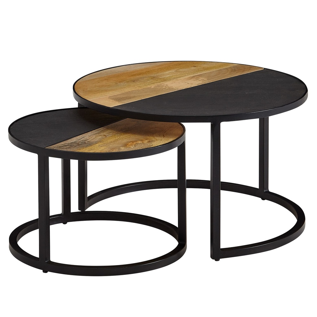Ensemble de 2 tables basses en bois massif de manguier / table de canapé en pierre ronde moderne, table d'appoint design 2 pièces, tables de salon rondes