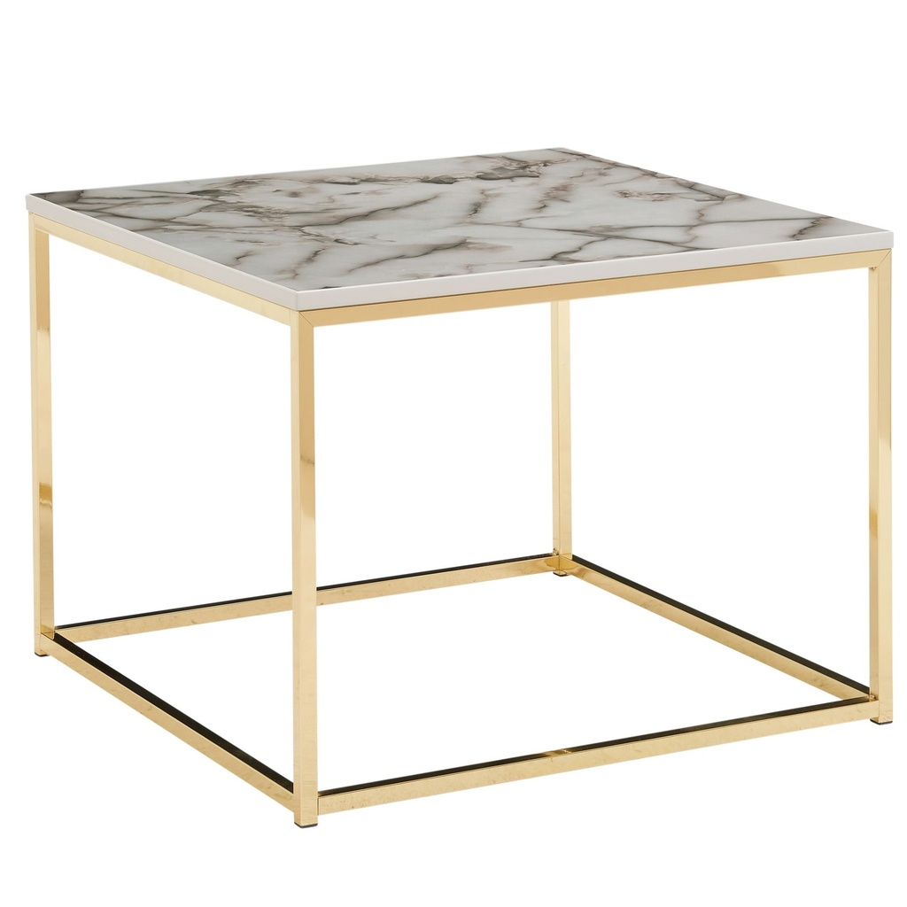 Table basse 60x60x45 cm aspect marbre blanc/or, table de salon avec structure en métal, table de canapé d'angle salon, table d'appoint