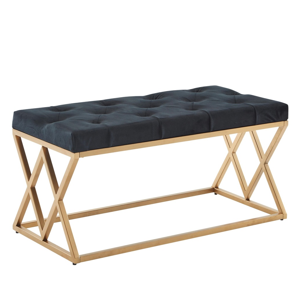 Banc en Velours Noir 90x46x44 cm Banc de Couloir rembourré avec Structure en métal, Banc de lit Chambre à Coucher Design Chesterfield, Pieds : Double Croix