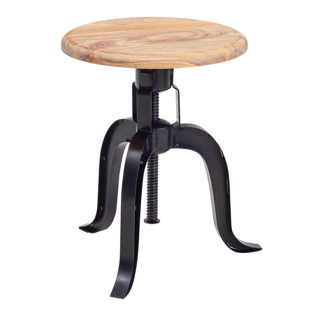 Tabouret Pivotant 39x62,5x39 cm Bois d'Acacia Massif/Métal Noir Rotatif, Tabouret Décoratif Design Réglable en Hauteur, Tabouret Sur Pied Rond Industriel