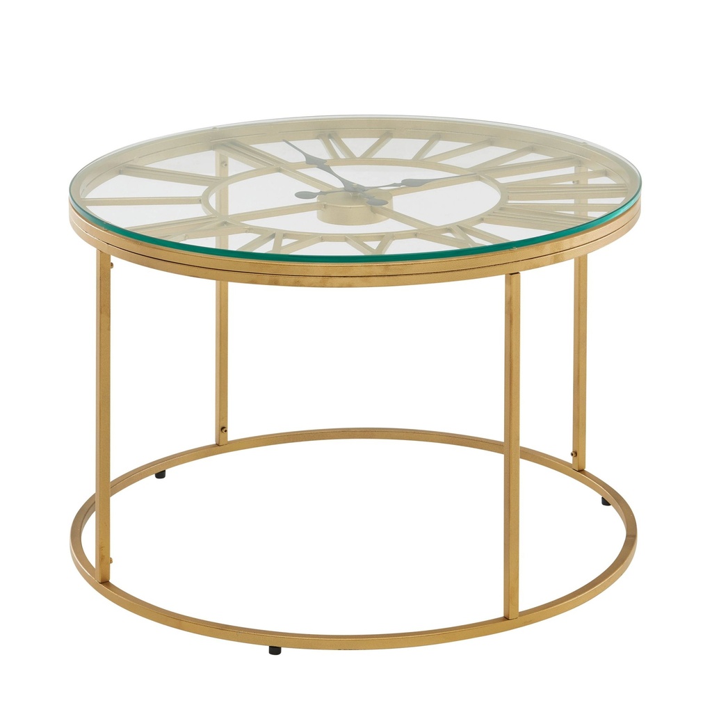 Table basse verre métal 60x60x43 cm table de canapé dorée avec horloge décorative, table de salon design ronde, petite table basse moderne