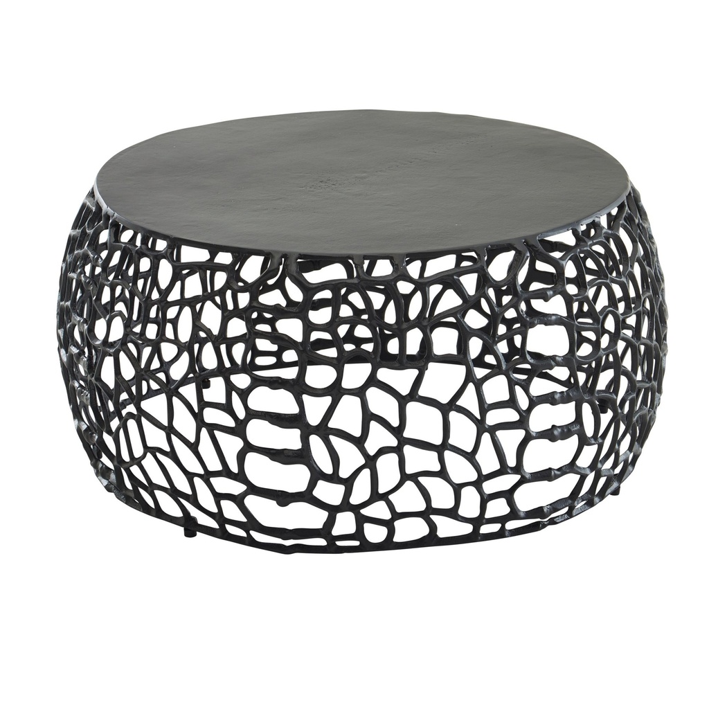 Table basse métal noir 66x66x30 cm table de canapé ronde en aluminium, table de salon design avec structure en branches, petite table basse moderne