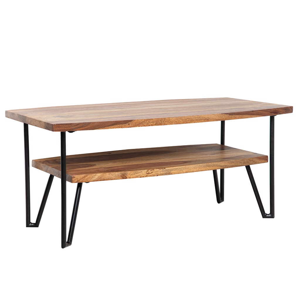 Table basse 90x50x40 cm Table basse en bois massif / métal Sheesham rectangulaire, table basse avec espace de rangement, industrielle à quatre ronds