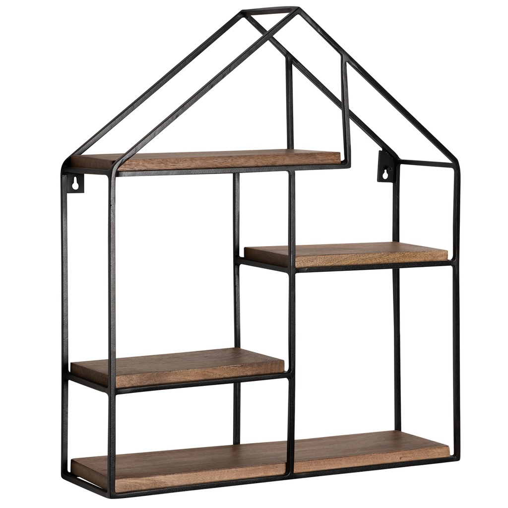 Étagère murale 49,5x60x14 cm en bois massif de manguier / étagère suspendue en métal en forme de maison, industrielle