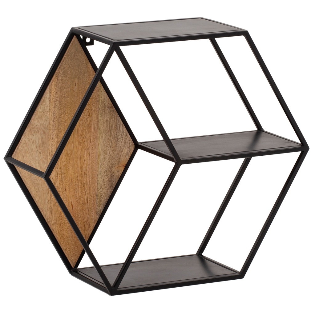 Étagère Murale 60x52x20 cm Étagère Suspendue en Bois Massif/Métal de Manguier Industriel, Étagère Flottante de Conception Hexagonale, avec 3 Étagères