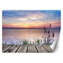 Papier peint rectangulaire avec image de coucher du soleil sur le lac imprimée sur toile avec finition bleue