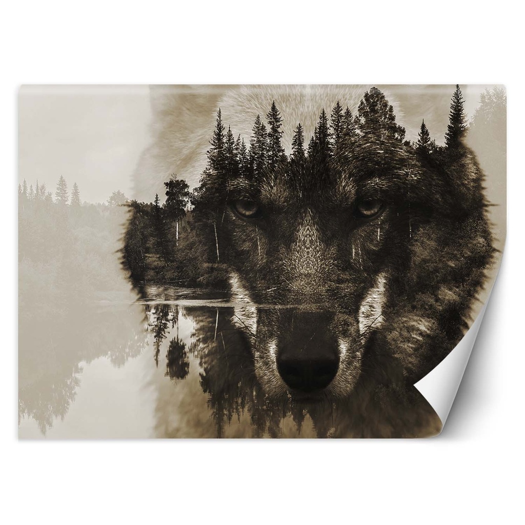 Papier peint rectangulaire avec image de loup imprimée sur toile avec finition marron