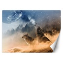 Papier peint rectangulaire avec image de loups hurlants imprimée sur toile avec finition bleue