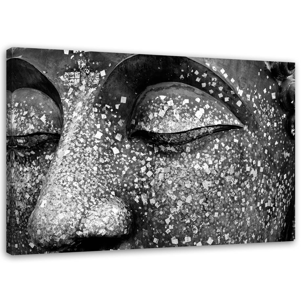 Cadre décoratif en mdf et papier satiné avec image des yeux de bouddha tons gris et blanc