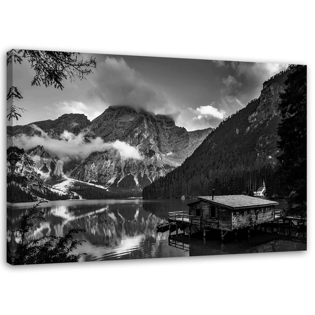 Cadre décoratif en mdf avec image d'une cabane à côté d'un lac de montagne