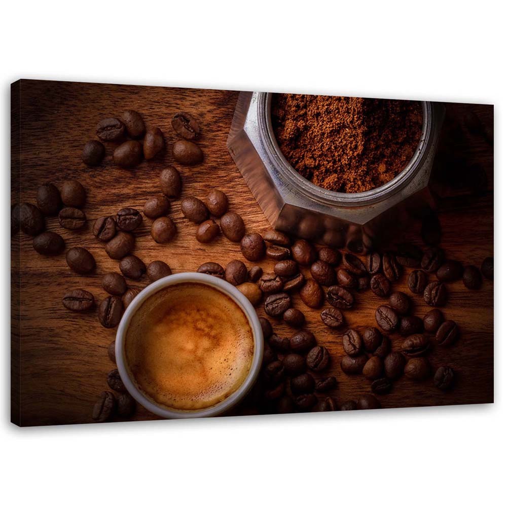 Cadre décoratif avec image de tasses de café et grains imprimée sur toile finition marron