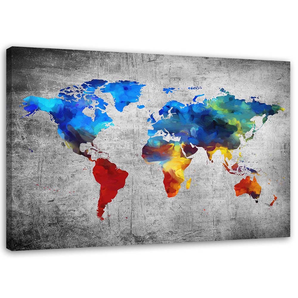 Cadre décoratif en mdf avec image de mappemonde multicolore imprimée sur toile