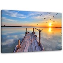 Cadre imprimé sur toile avec image de coucher du soleil sur un lac fabriqué en mdf et toile