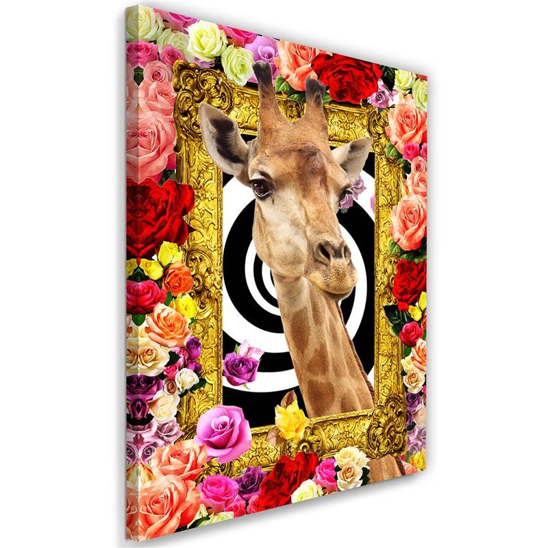 Cadre à suspendre en mdf imprimé sur toile d'une seule pièce girafes et roses colorées