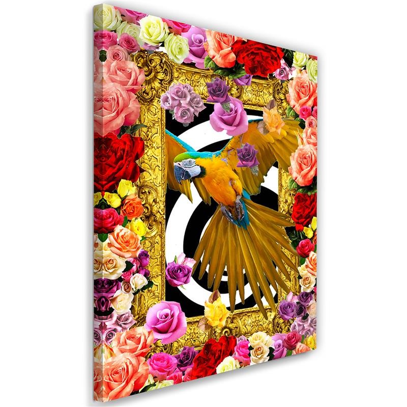 Cadre à suspendre en mdf imprimé sur toile d'une seule pièce perroquet et roses colorées