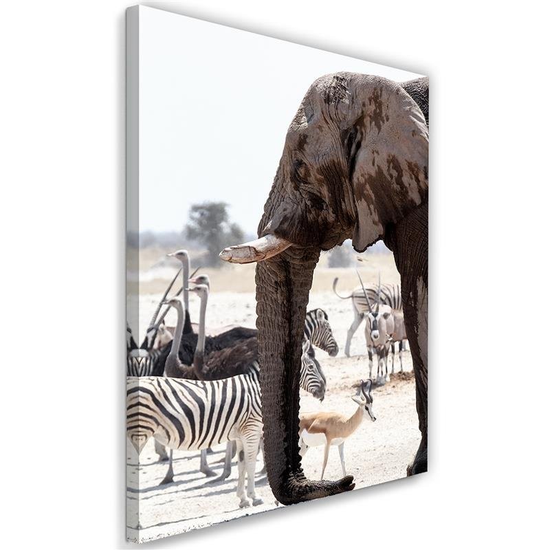 Cadre à suspendre en mdf imprimé sur toile d'une seule pièce animaux dans la savane éléphant zèbre autruche et antilope