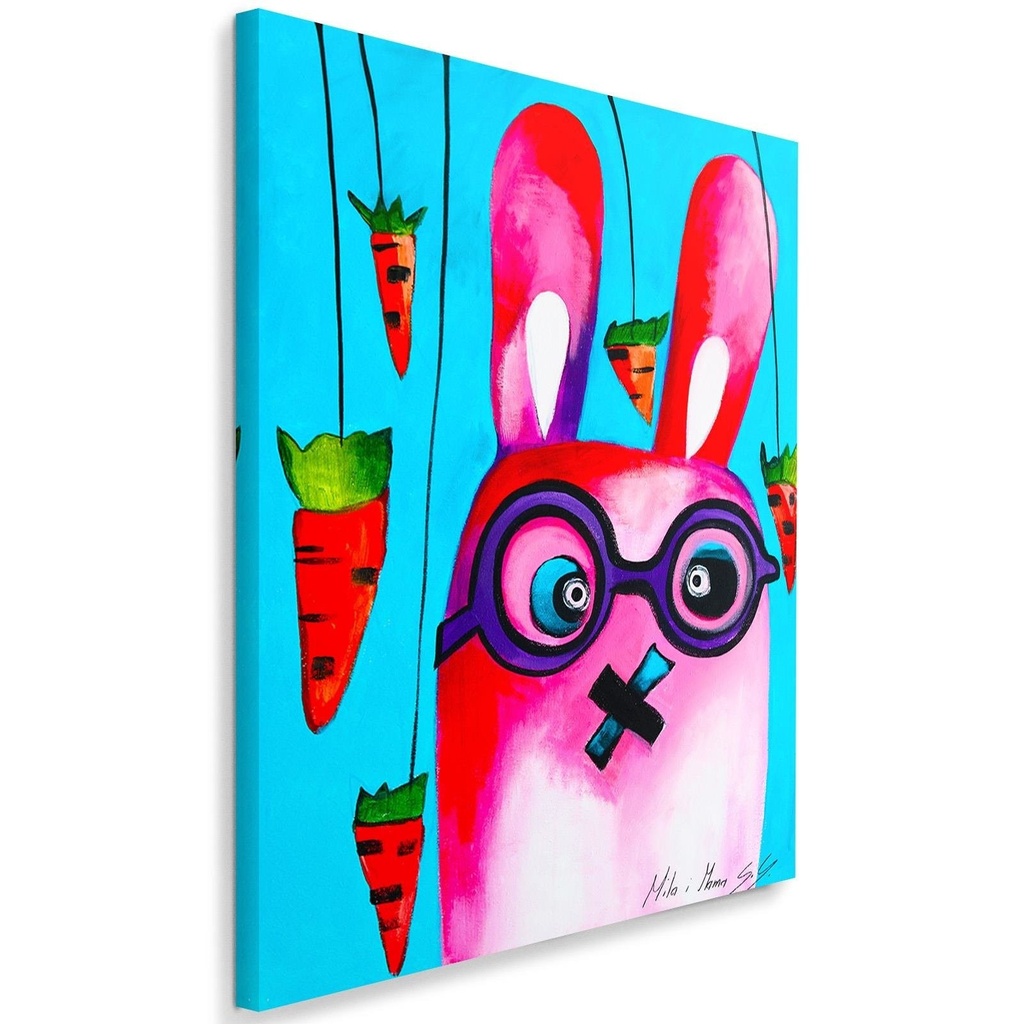 Cadre imprimé sur toile avec image de lapin rose avec des lunettes fabriqué en mdf