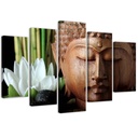 Cadre de cinq panneaux imprimés sur toile avec encadrement en mdf bouddha et fleur blanche