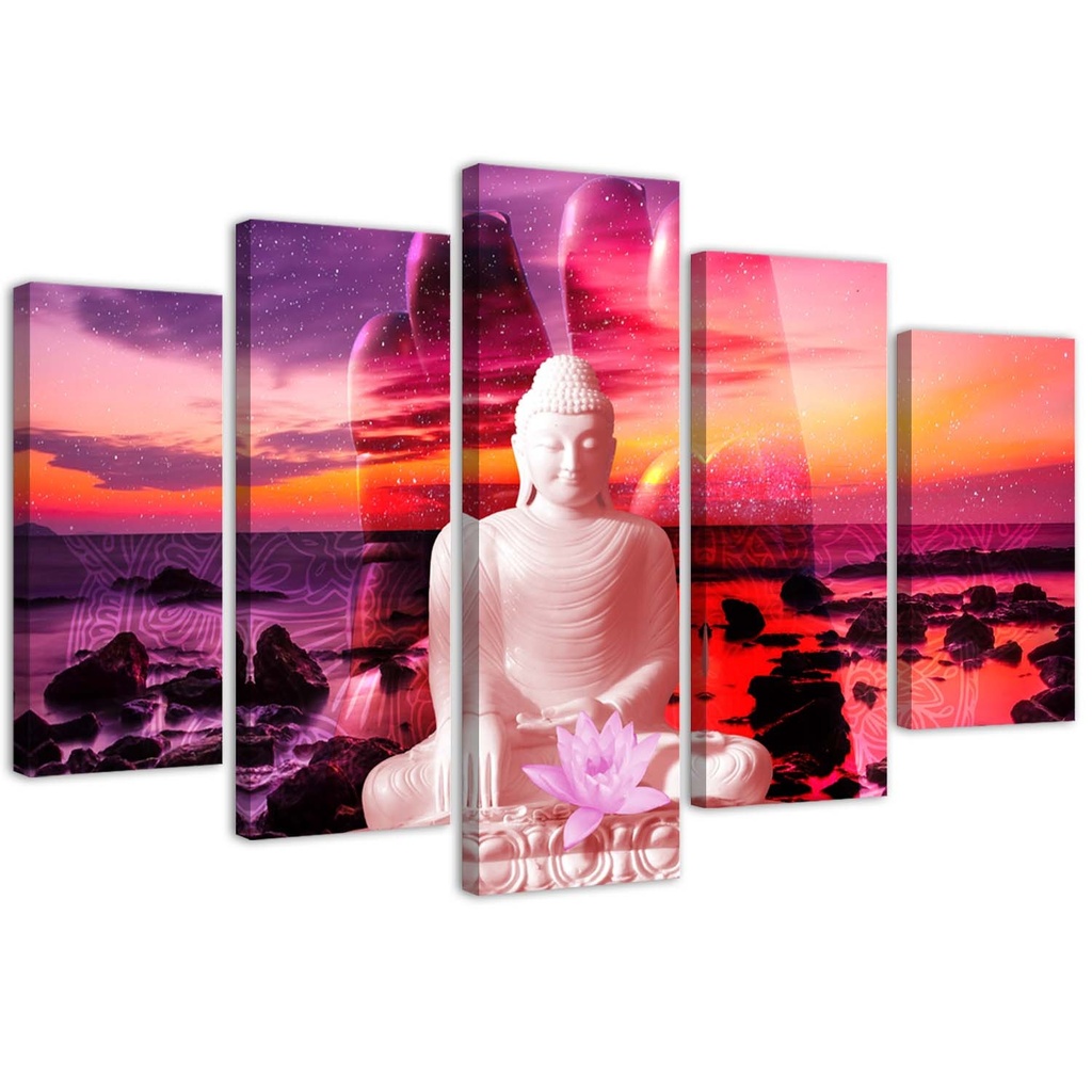 Cadre de cinq panneaux imprimés sur toile avec encadrement en mdf bouddha face à l'océan