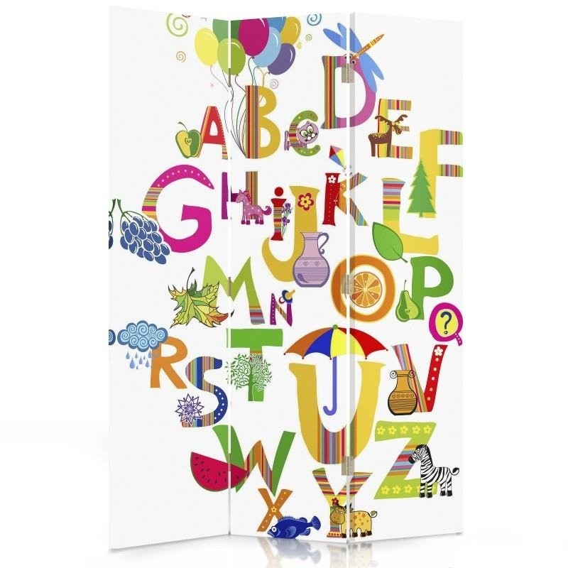 Paravent séparateur d'espaces pour enfants double face pivotant en toile avec cadre en mdf motif alphabet blanc