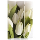 Paravent séparateur d'espaces double face pivotant en toile avec cadre en mdf motif tulipes blanches fraiches