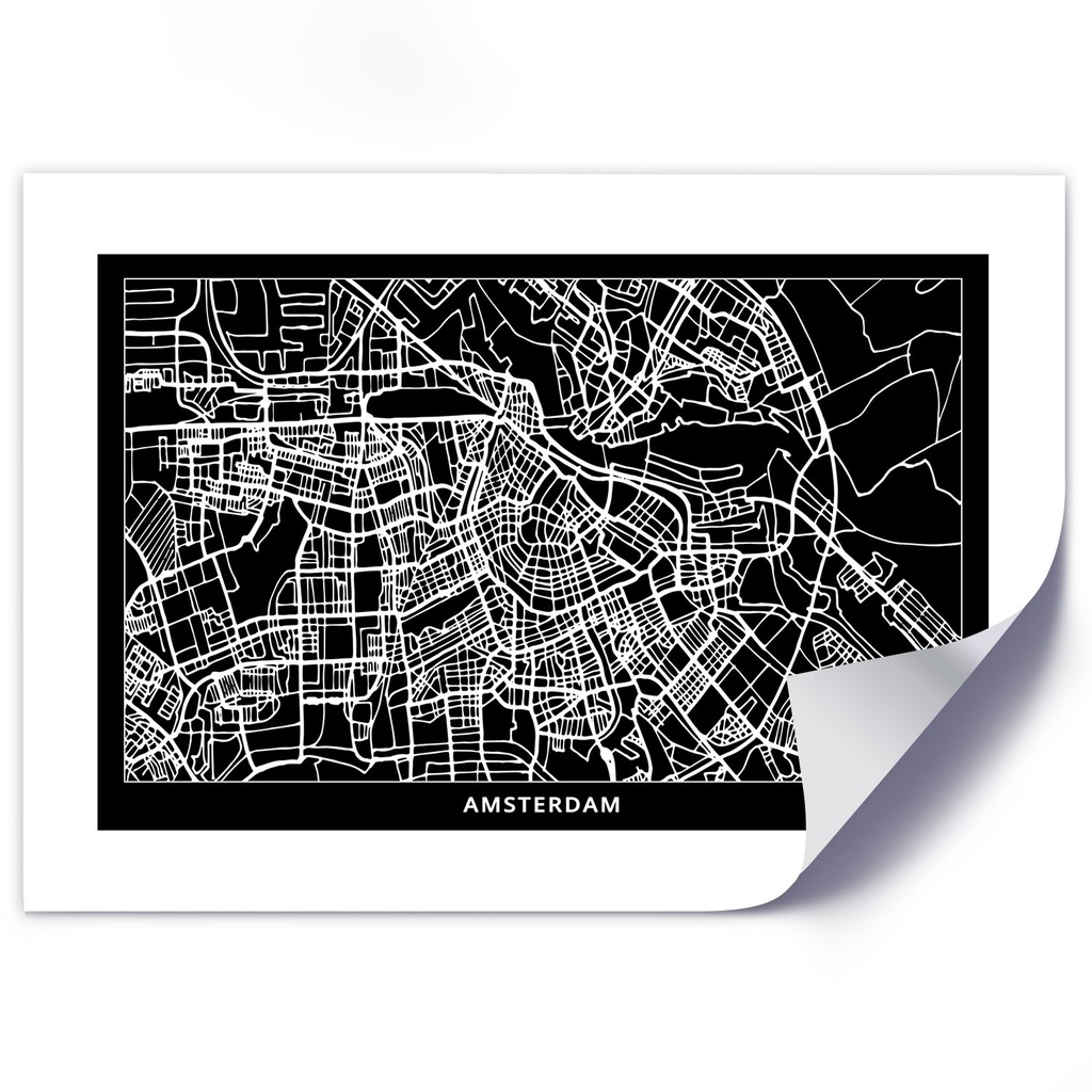 Poster mural en papier avec image d'une carte d'amsterdam couleur noir et blanc