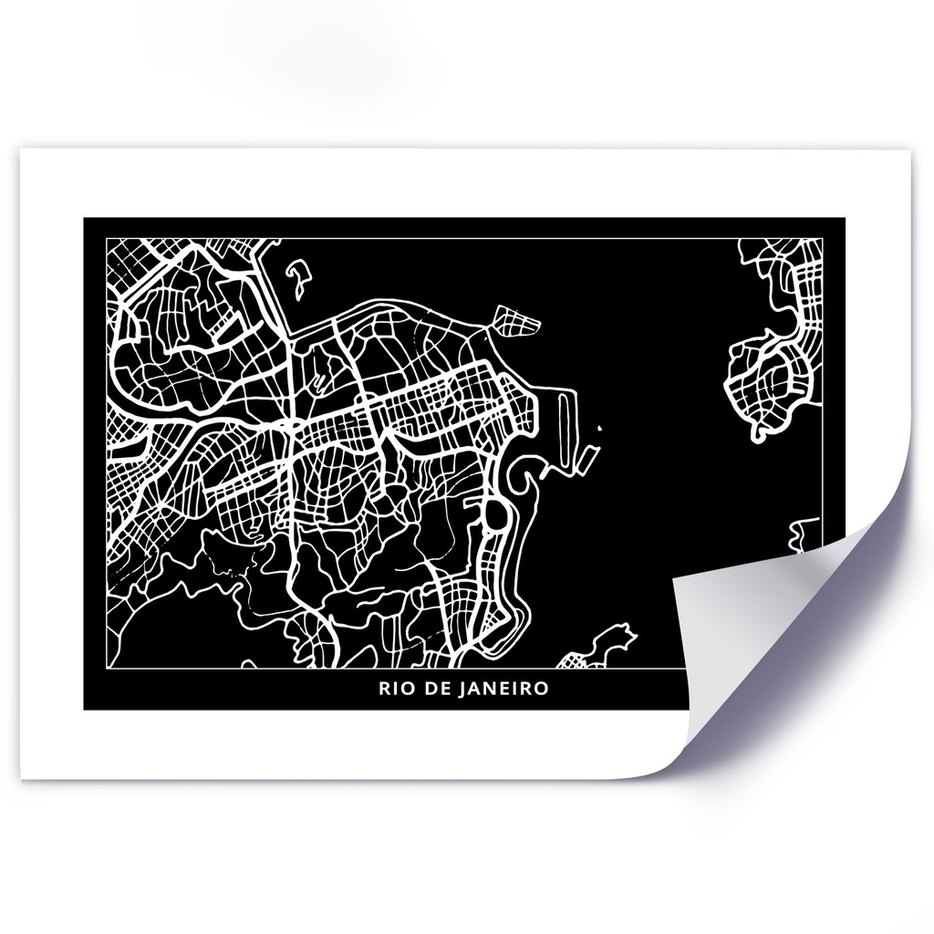 Poster avec image d'un plan de la ville de rio de janeiro imprimé sur papier satiné noir et blanc