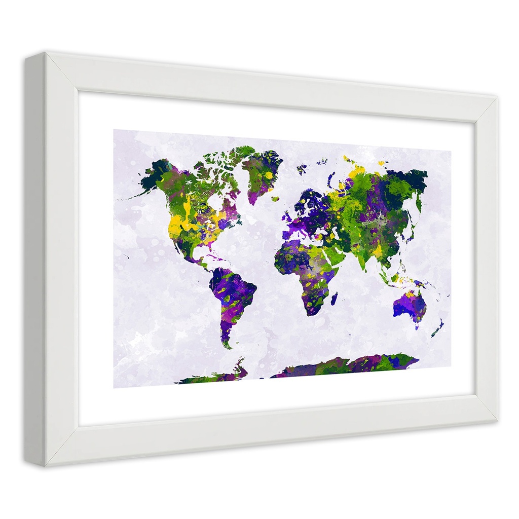 Cadre avec image de mappemonde imprimée sur papier satiné finition multicolore avec cadre en bois