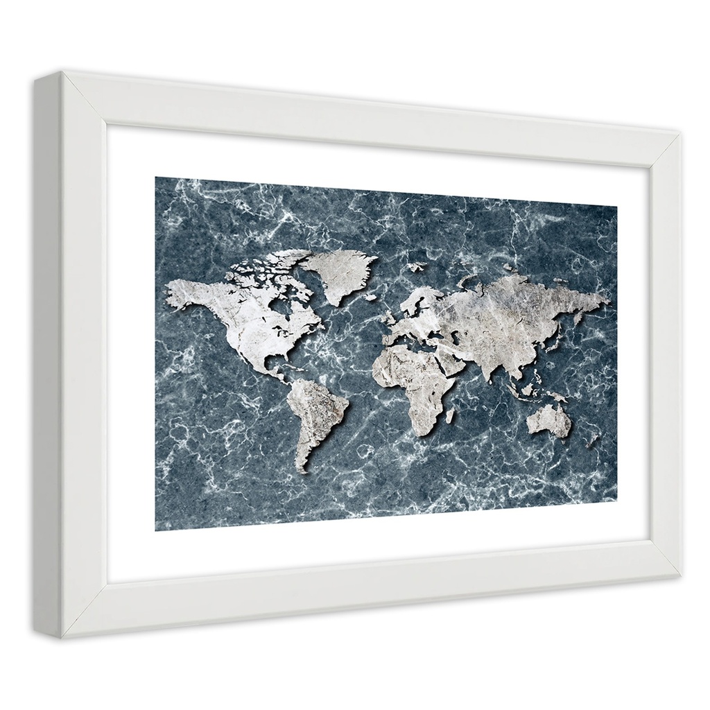 Cadre avec image de mappemonde sur fond imitation marbre imprimée sur papier satiné gris avec cadre en bois