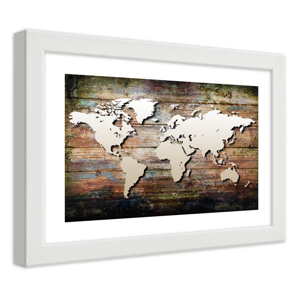 Cadre imprimé sur papier satiné avec cadre en bois carte du monde sur planches anciennes