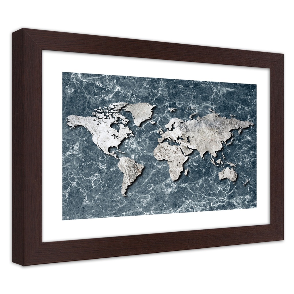 Cadre d'une carte du monde imprimée sur papier satiné en mdf finition de couleur grise