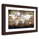 Cadre d'une carte du monde imprimée sur papier satiné en mdf finition de couleur marron