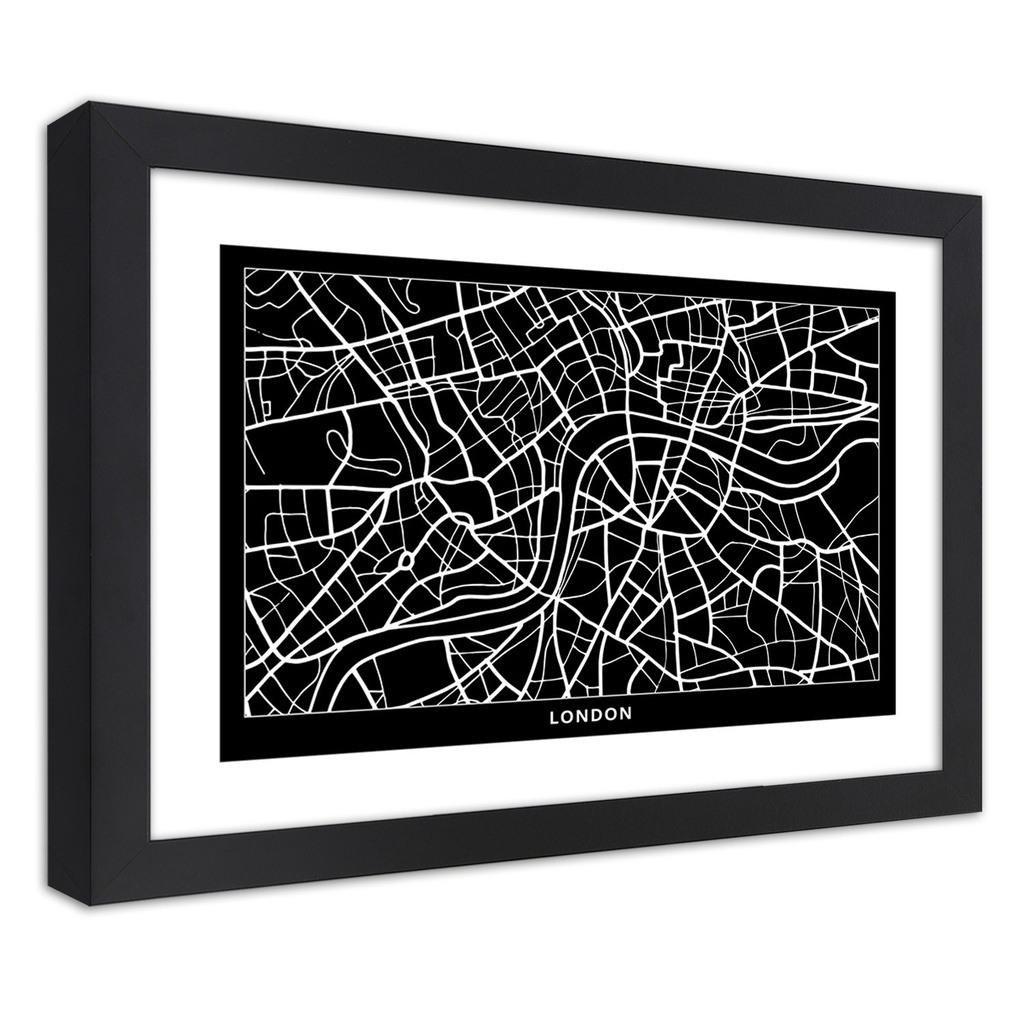 Cadre noir en mdf plaqué avec poster carte de la ville de londres