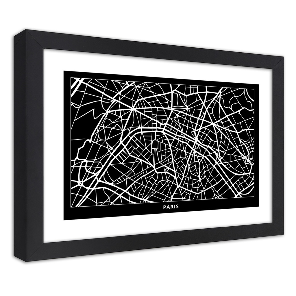 Cadre noir en mdf plaqué avec poster carte de la ville de paris