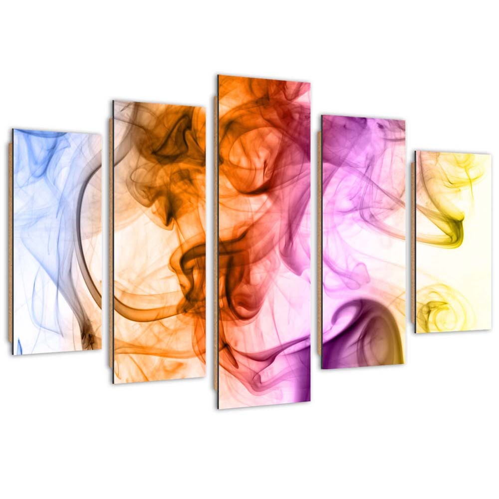 Cadre composé de cinq panneaux en mdf et papier imprimé dessin jouant avec les couleurs