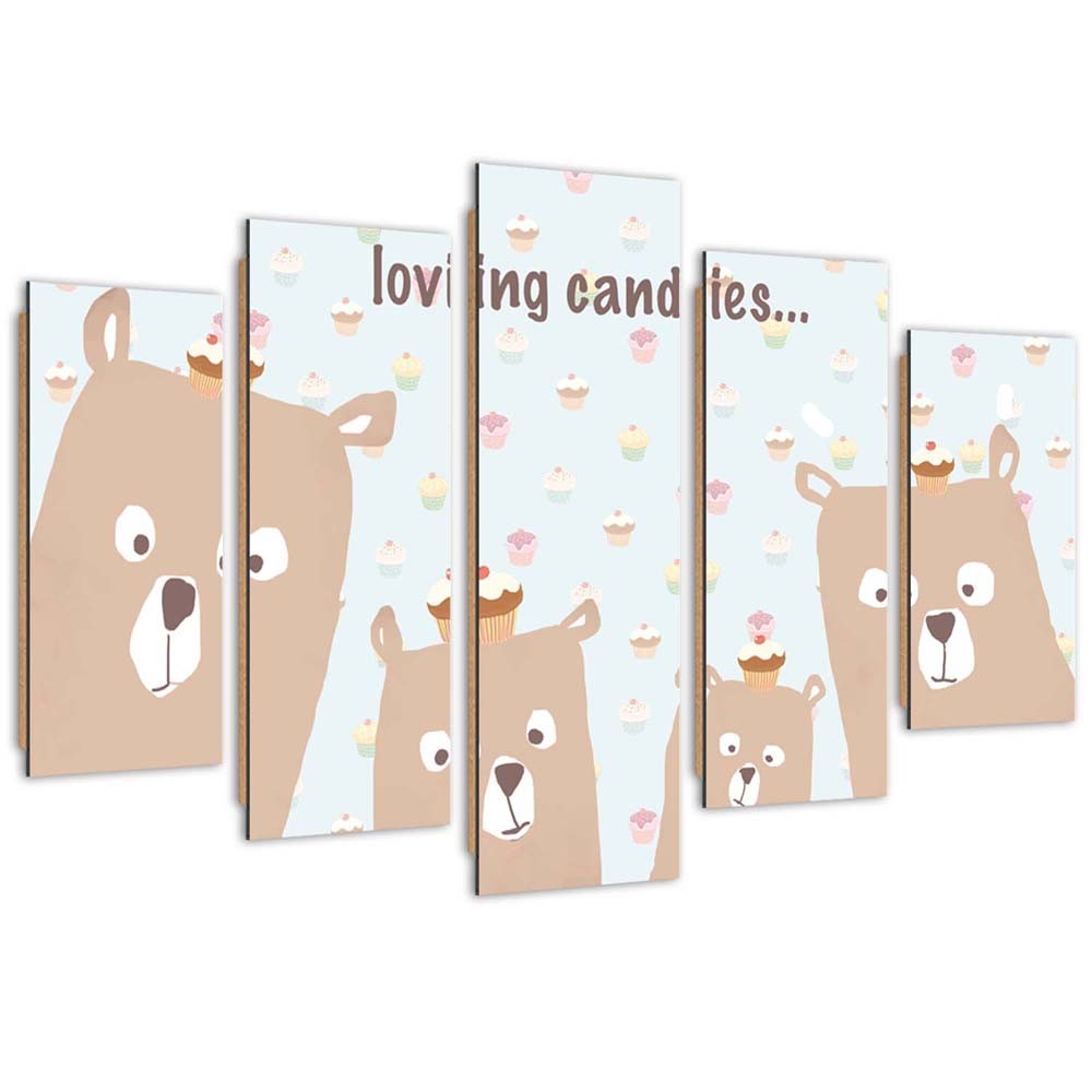 Cadre de cinq panneaux imprimés sur papier encadrement en hdf ours en peluche aimant les bonbons