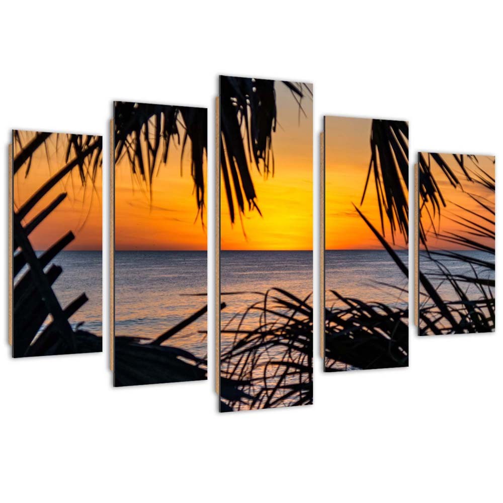 Cadre de cinq panneaux imprimés sur papier encadrement en hdf coucher de soleil sur la mer
