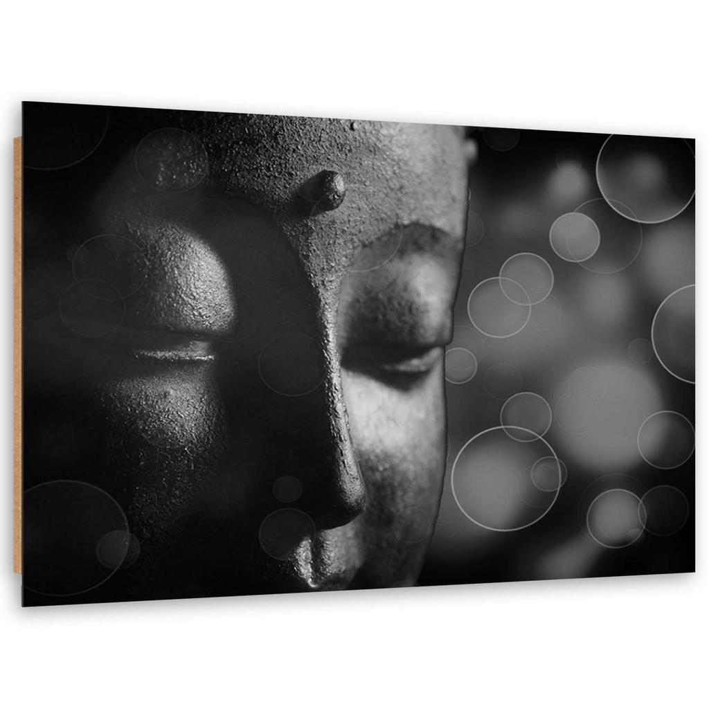 Cadre imprimé sur toile avec image de visage de bouddha de couleur blanc et noir fabriqué en mdf et toile