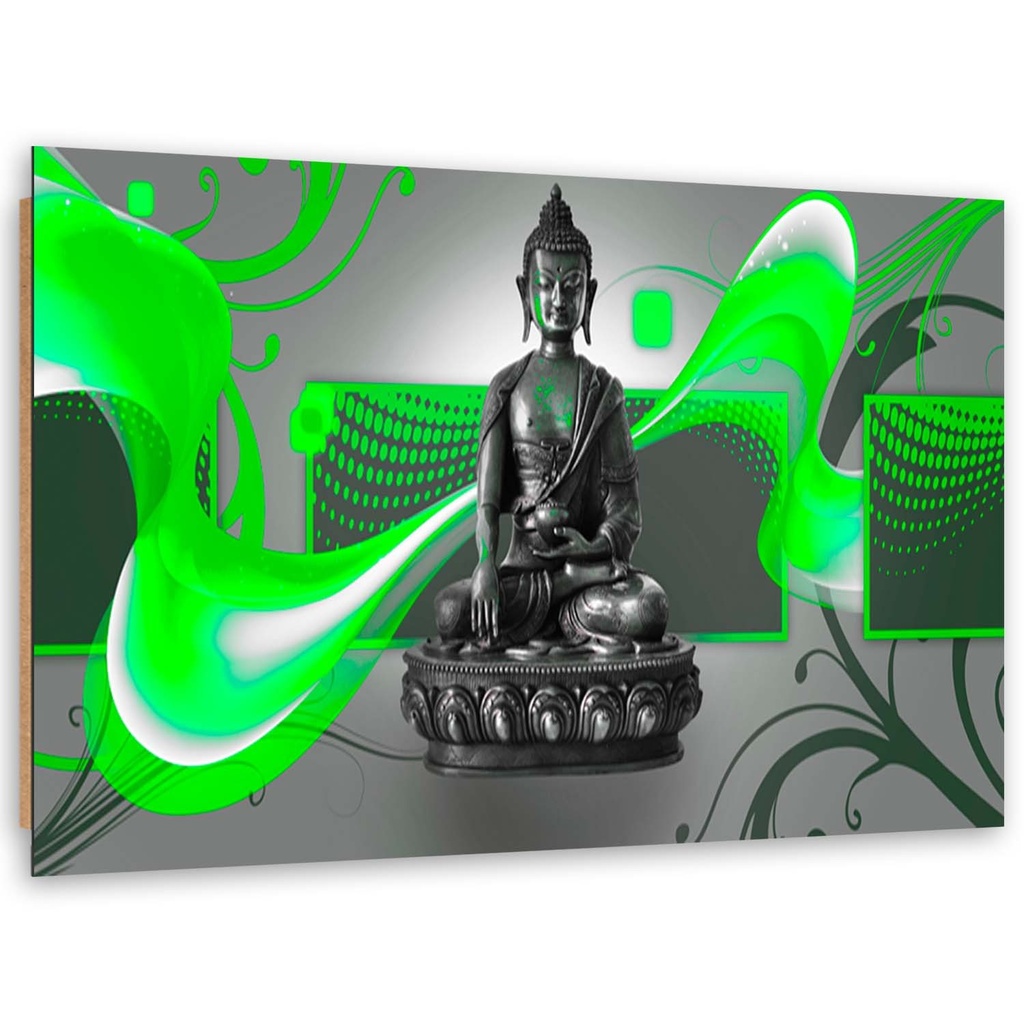 Cadre imprimé sur toile avec image de bouddha sur fond abstrait vert fabriqué en mdf