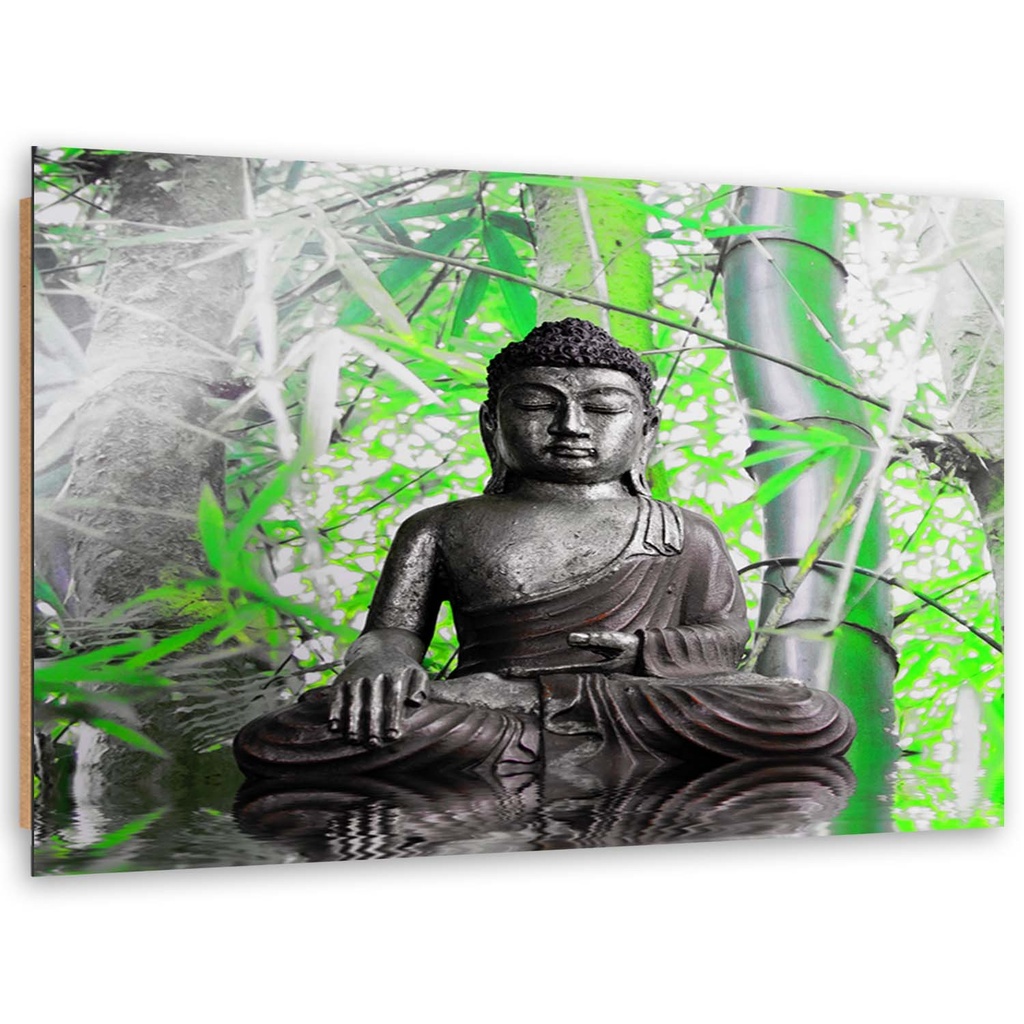 Cadre imprimé sur toile avec image de bouddha et de feuilles fabriqué en mdf