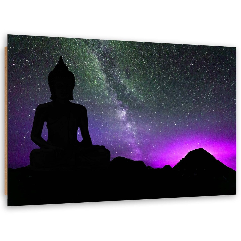 Cadre imprimé sur toile avec image de bouddha et aurore boréale fabriqué en mdf et toile