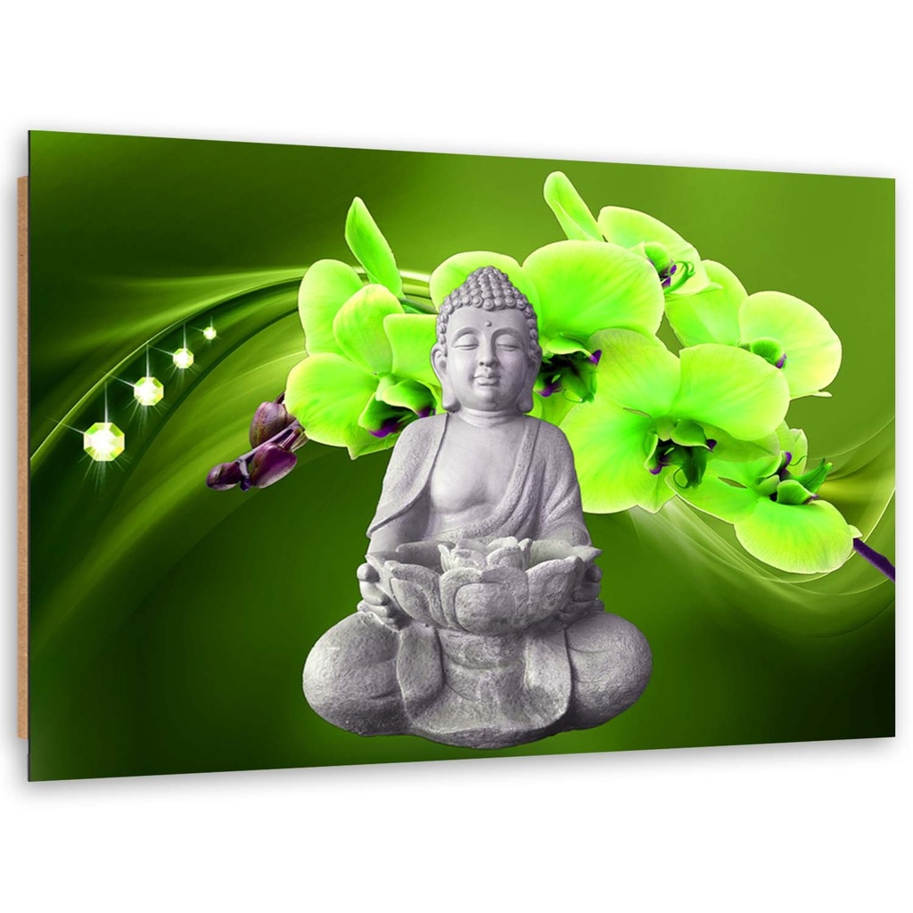 Cadre imprimé sur toile avec image de bouddha avec orchidée verte fabriqué en mdf