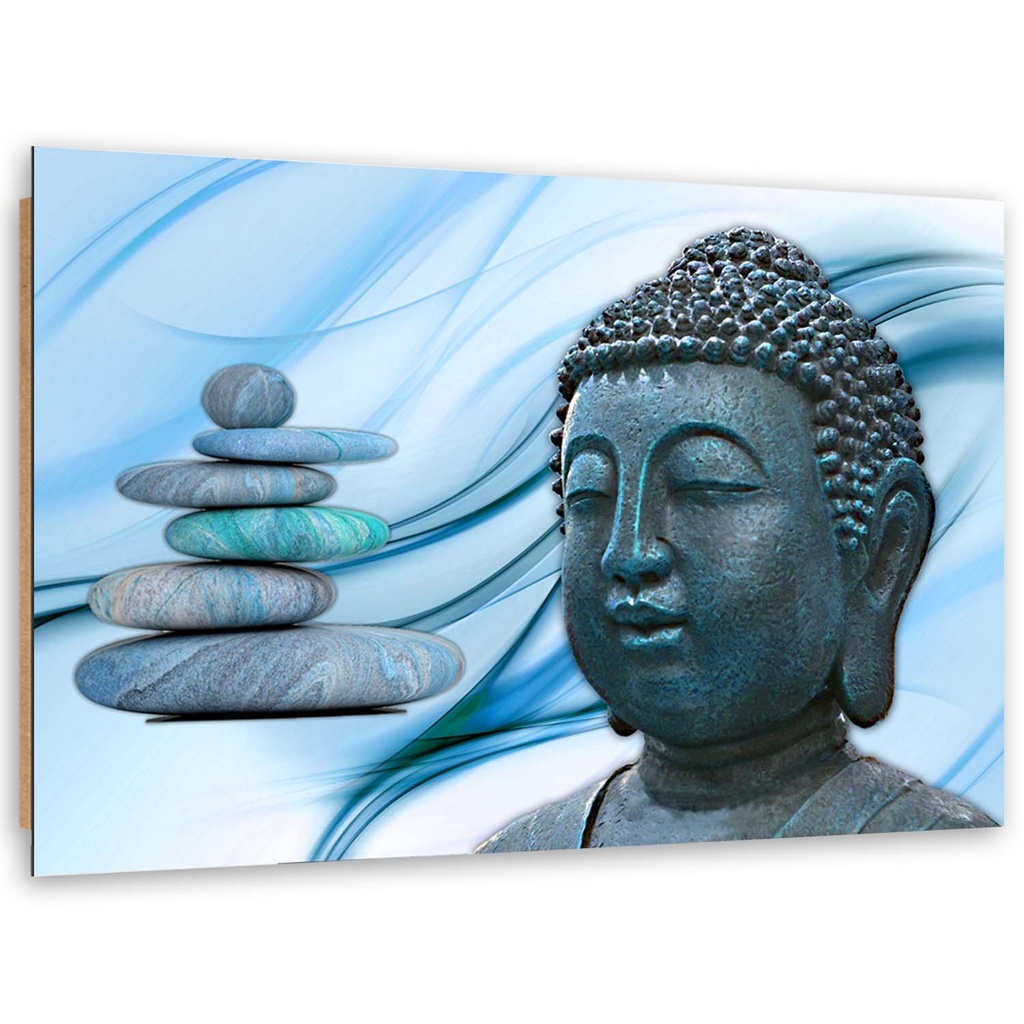 Cadre imprimé sur toile avec image de tête de bouddha sur pierres bleues fabriqué en mdf et toile