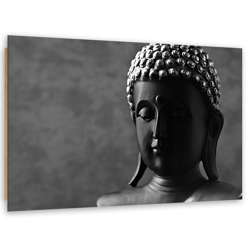 Cadre décoratif en hdf avec image de tête de bouddha finition dans les tons gris et noir