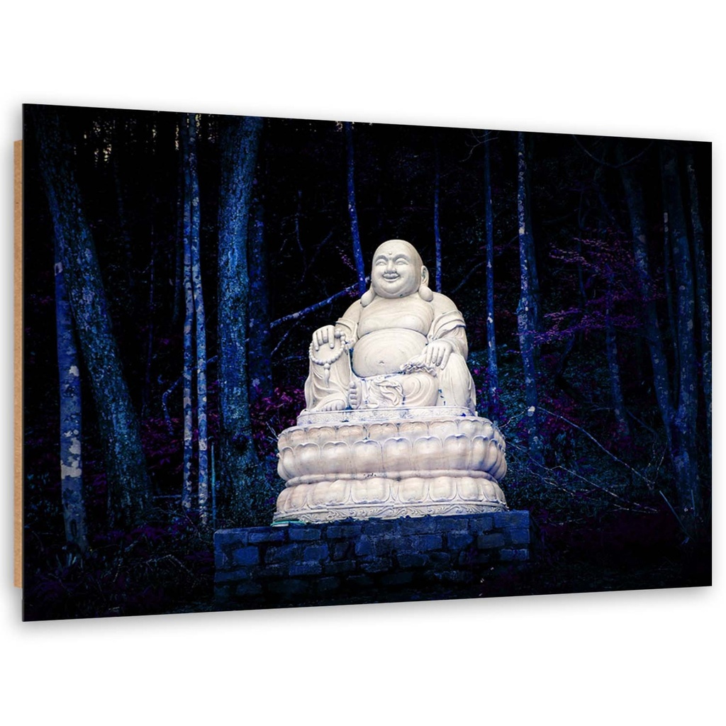 Cadre décoratif en hdf et papier satiné avec image de bouddha dans le bois de couleur bleue