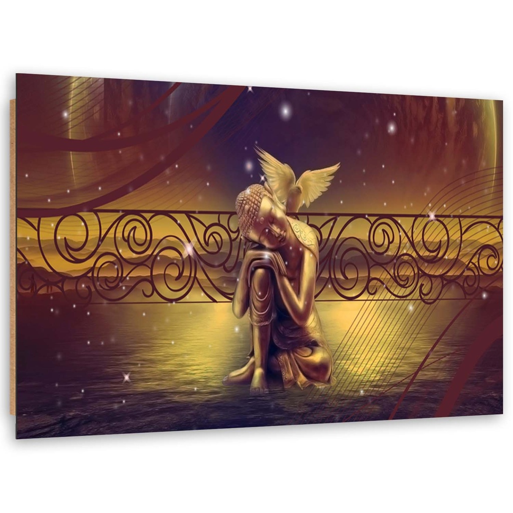 Cadre décoratif en hdf avec image de bouddha doré avec oiseau de la paix