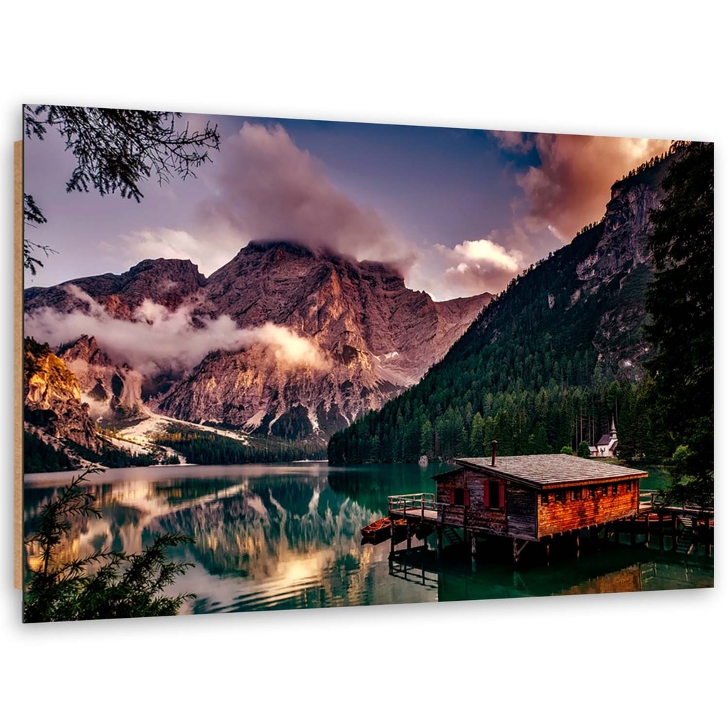 Cadre décoratif en hdf avec image d'une maison au bord du lac imprimée sur papier satiné avec finition violette